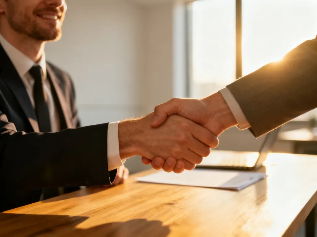 Dwóch profesjonalnych partnerów biznesowych ściskających sobie dłonie w nowoczesnym biurze, symbolizujących współpracę.