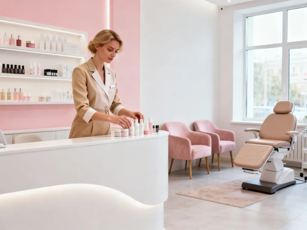 Właścicielka eleganckiego salonu kosmetycznego układa kosmetyki przy recepcji, nowoczesne jasne wnętrze, no text on the picture